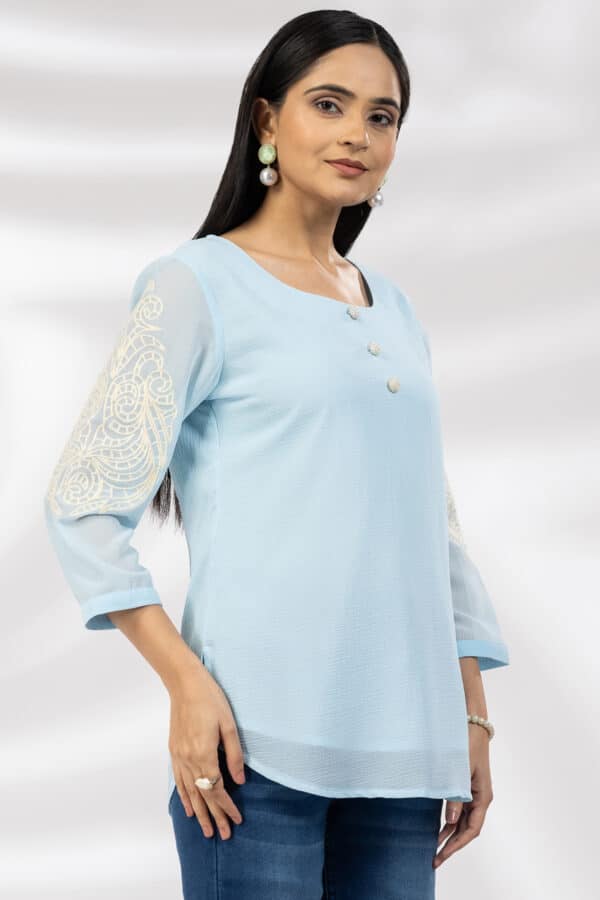 Embroidered Blue Square Neck Top For Woman