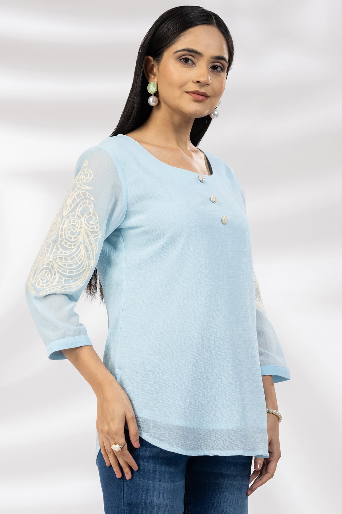 Embroidered Blue Square Neck Top For Woman