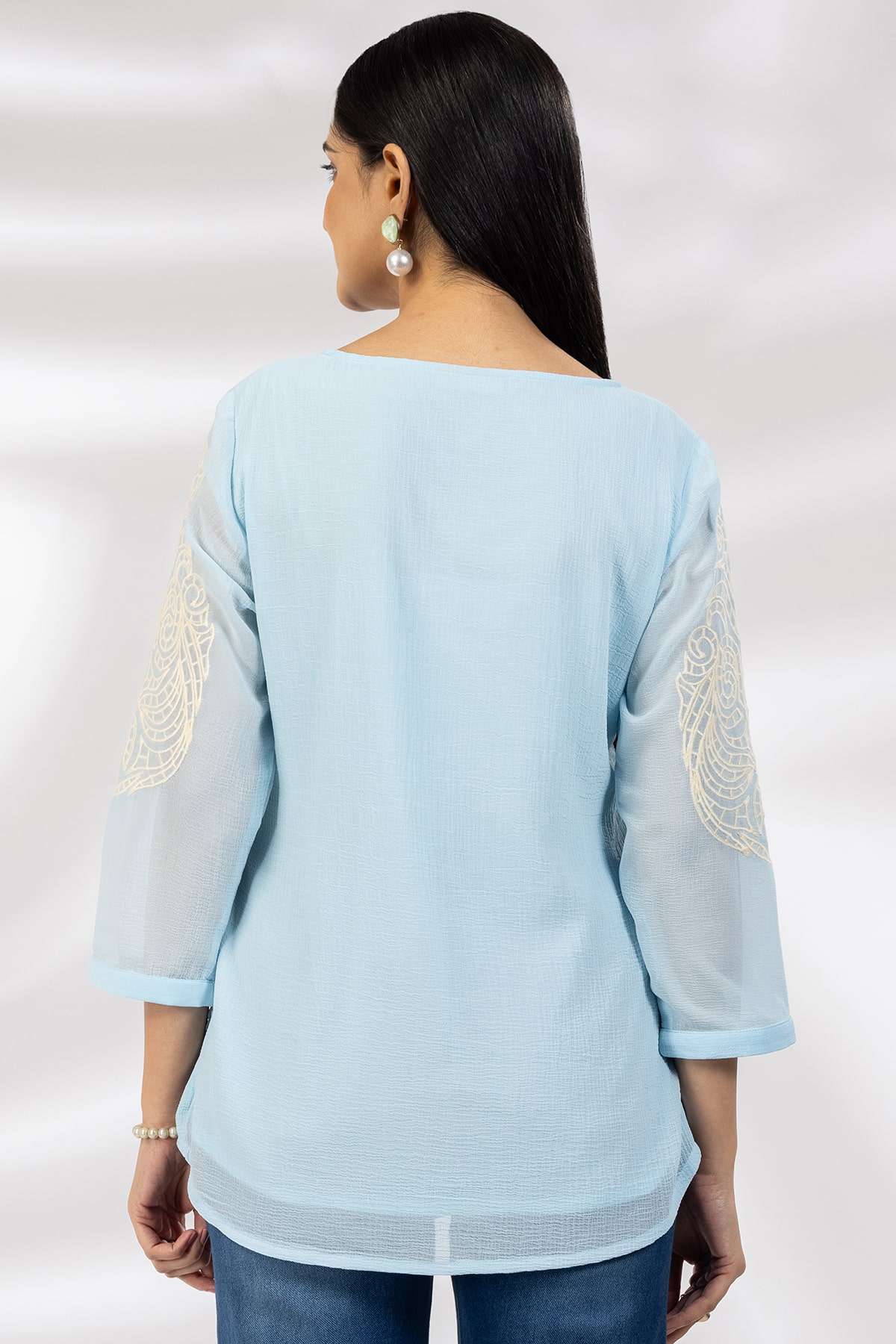 Embroidered Blue Square Neck Top For Woman
