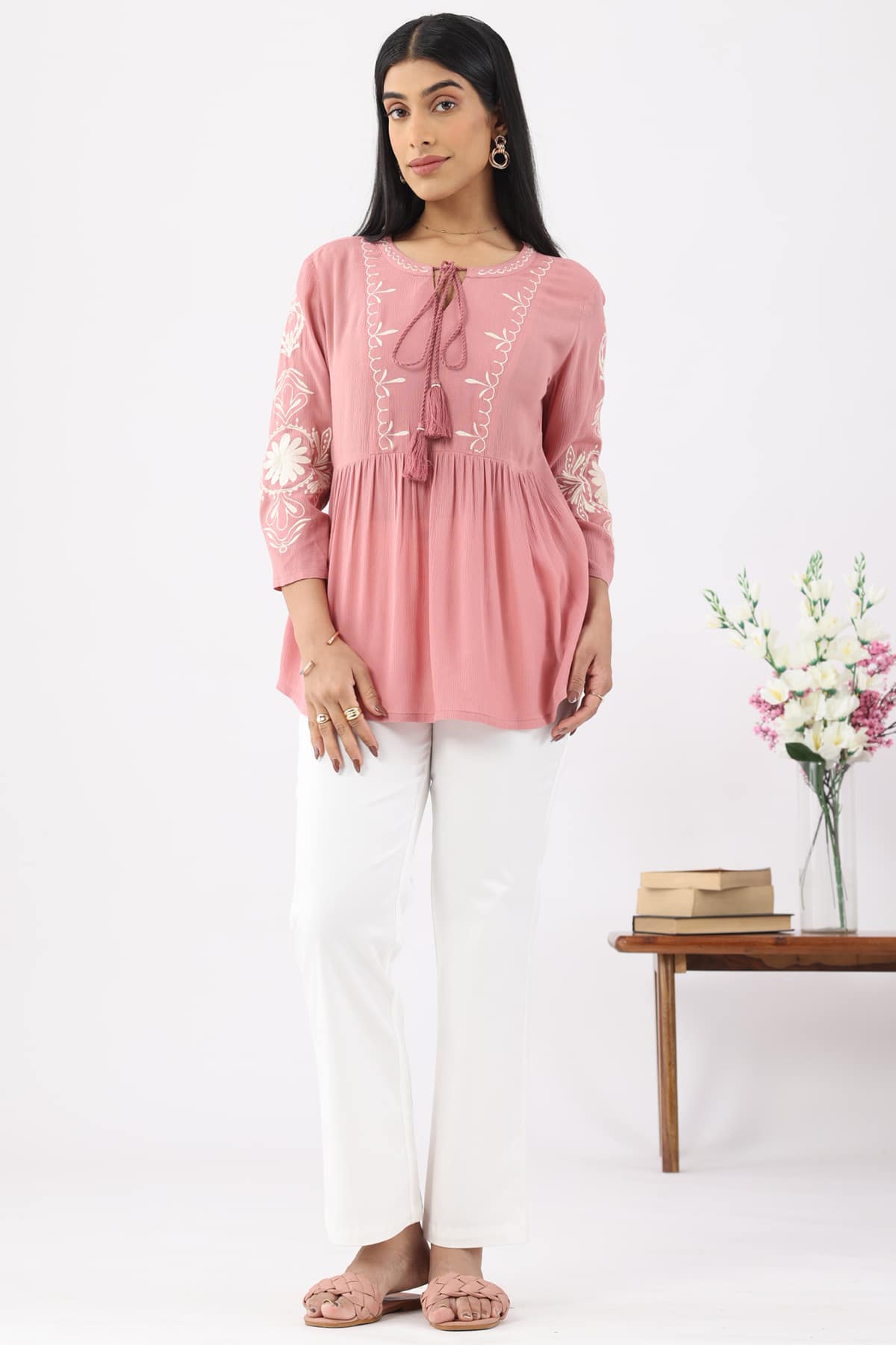 Embroidered Coral Pink Tops Women