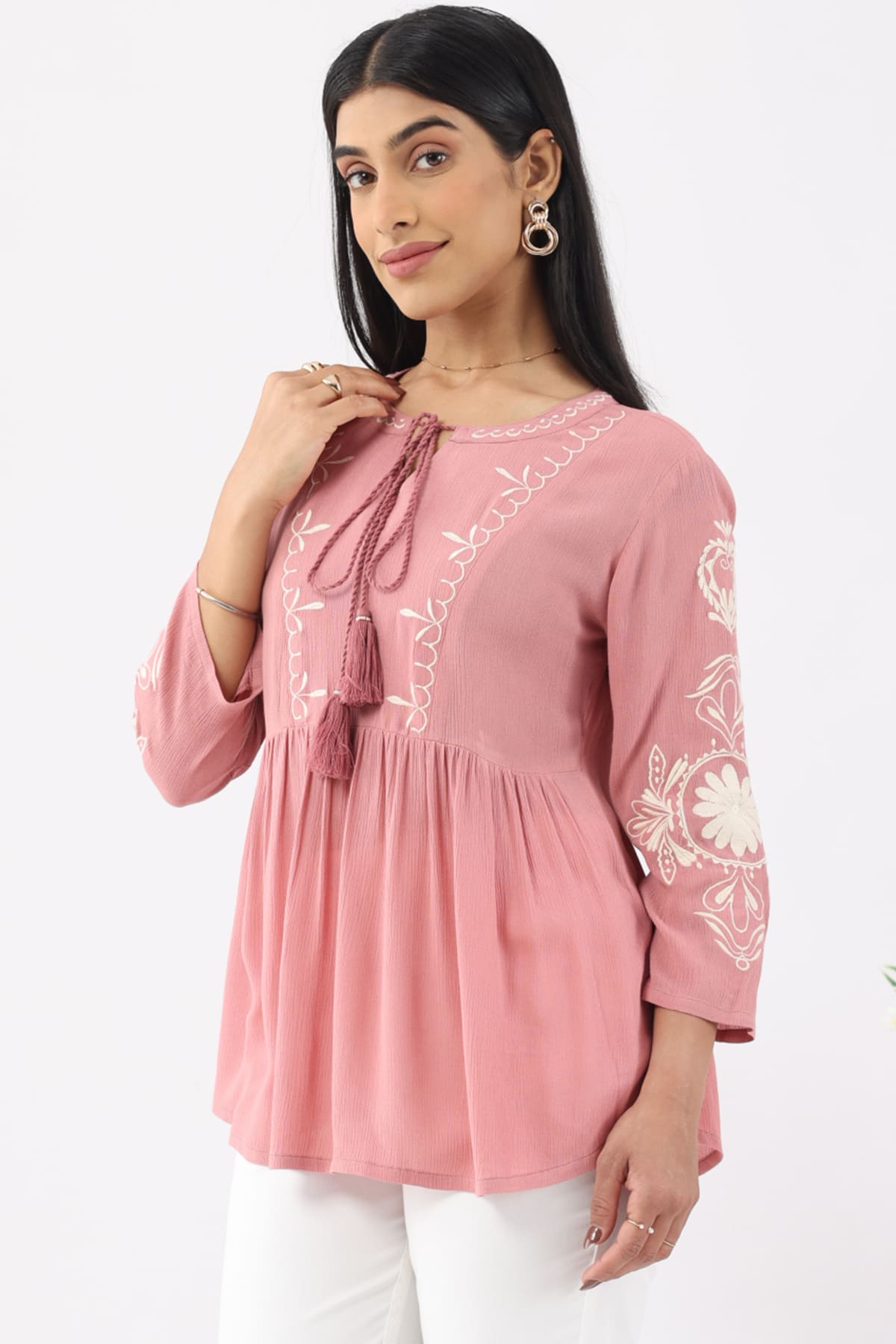 Embroidered Coral Pink Tops Women