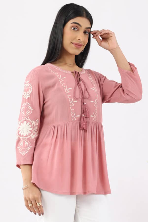 Embroidered Coral Pink Tops Women