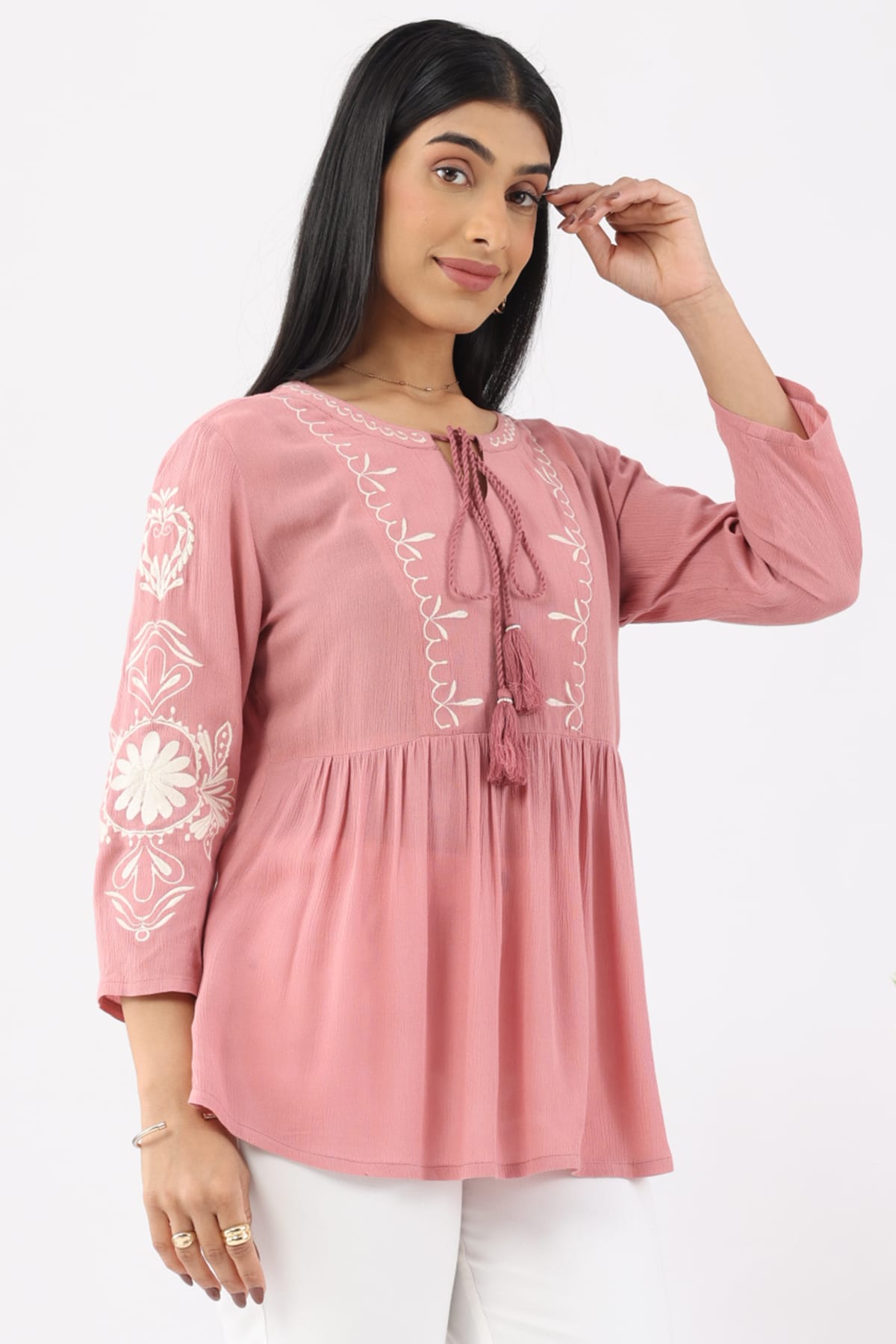 Embroidered Coral Pink Tops Women