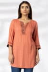 Rust Embroidered Tunic Tops For Ladies