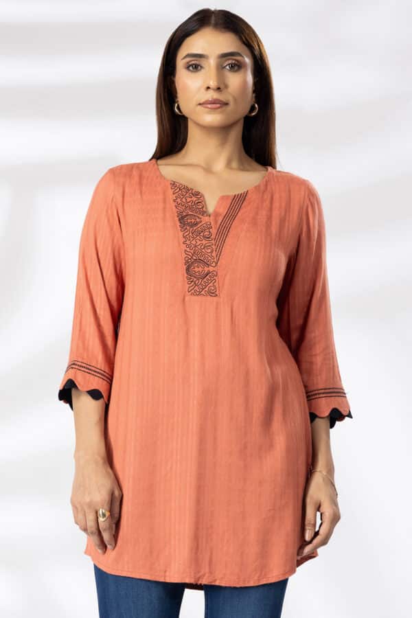 Rust Embroidered Tunic Tops For Ladies
