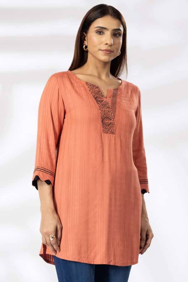 Rust Embroidered Tunic Tops For Ladies