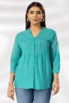 Sea Green Embroidered Mandarin Collar Shirt Woman
