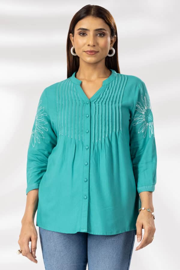 Sea Green Embroidered Mandarin Collar Shirt Woman