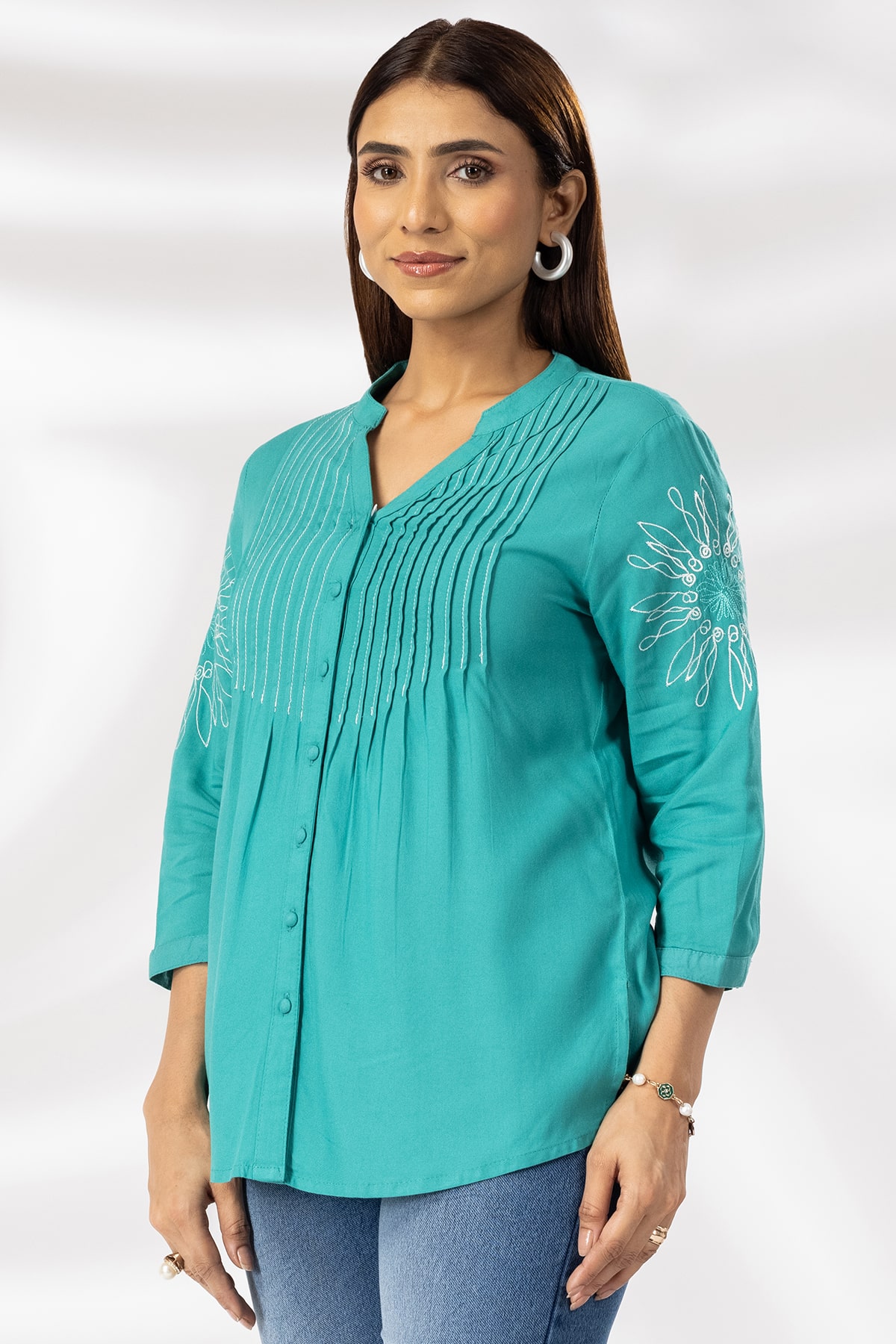 Sea Green Embroidered Mandarin Collar Shirt Woman