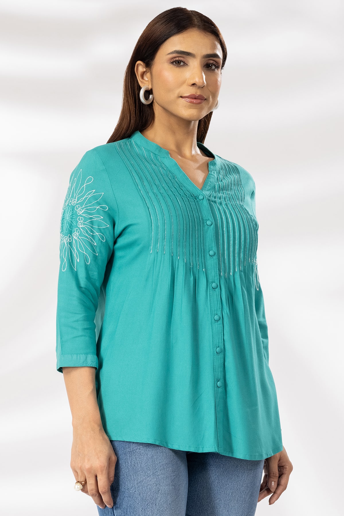 Sea Green Embroidered Mandarin Collar Shirt Woman