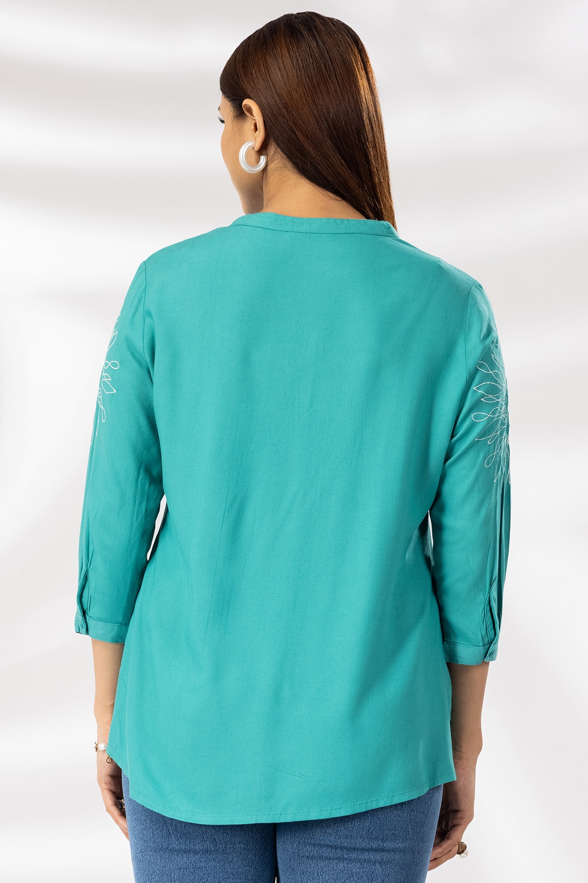 Sea Green Embroidered Mandarin Collar Shirt Woman