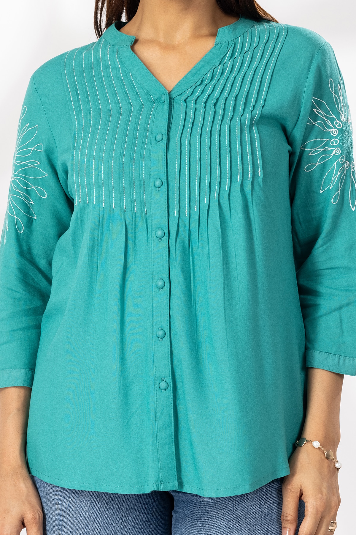 Sea Green Embroidered Mandarin Collar Shirt Woman