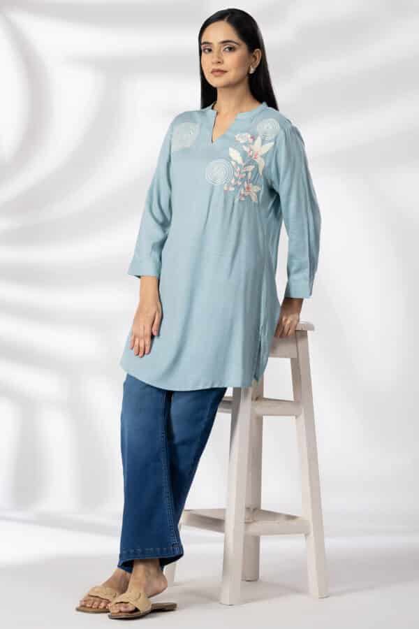 Sky Blue Embroidered Tunic Tops For Ladies