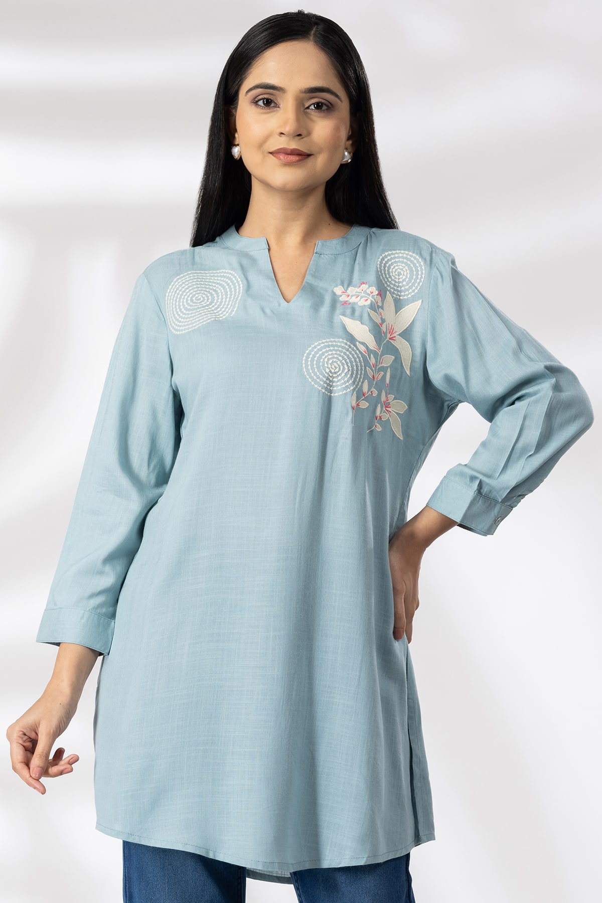 Sky Blue Embroidered Tunic Tops For Ladies
