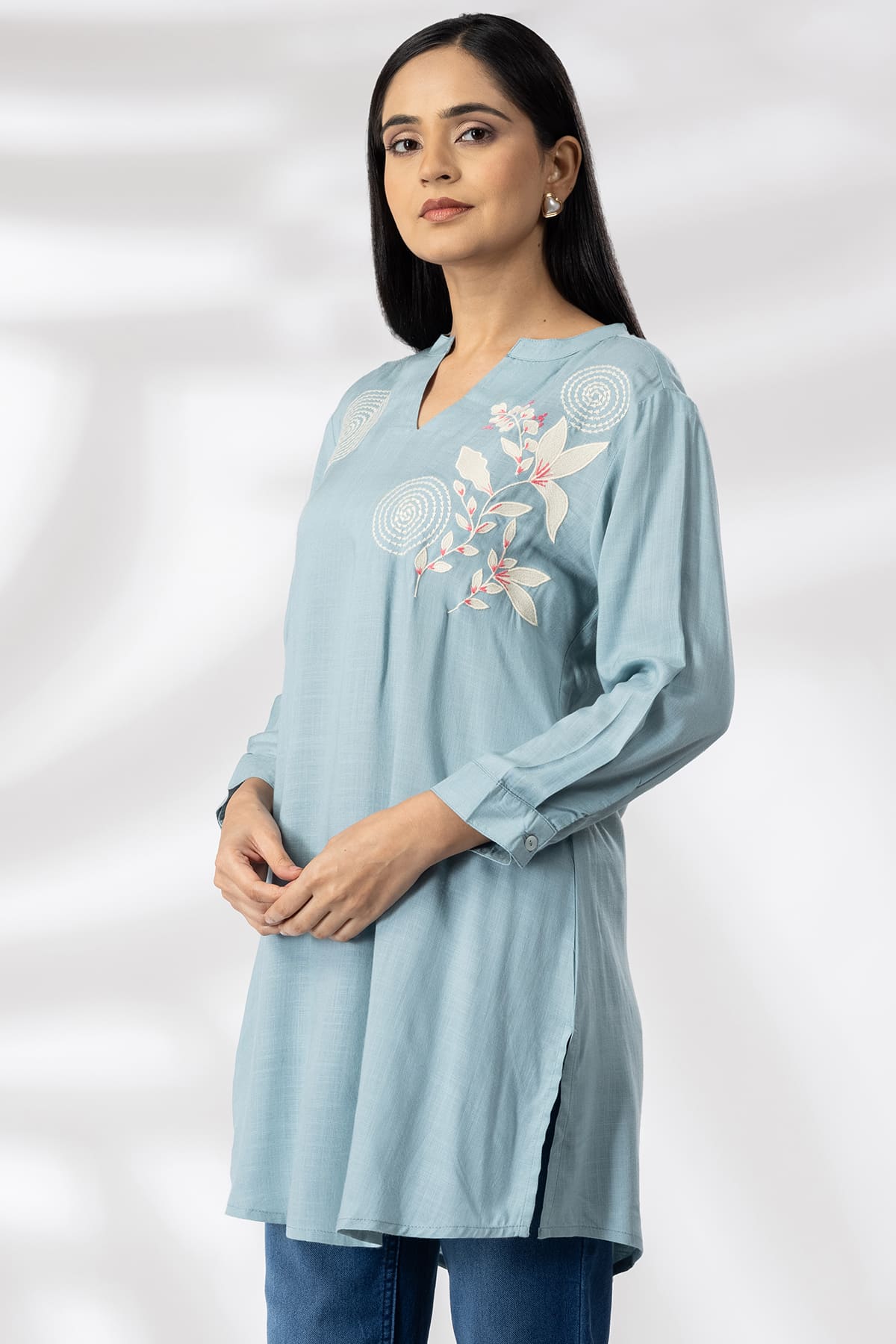 Sky Blue Embroidered Tunic Tops For Ladies