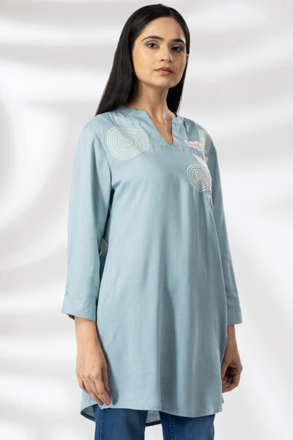 Sky Blue Embroidered Tunic Tops For Ladies