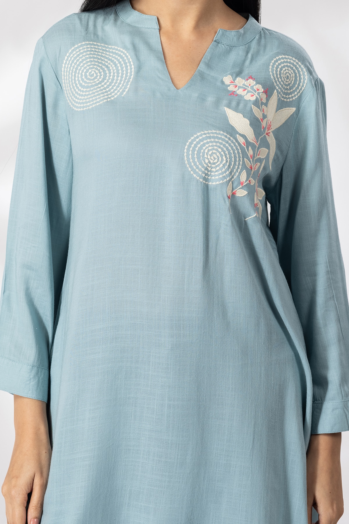 Sky Blue Embroidered Tunic Tops For Ladies