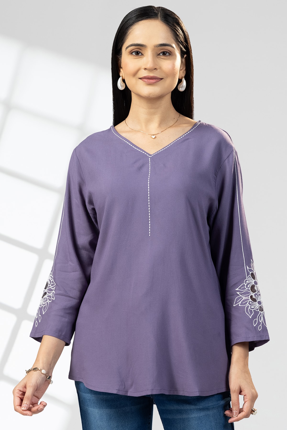 Embroidered Purple Tops Stylish Women