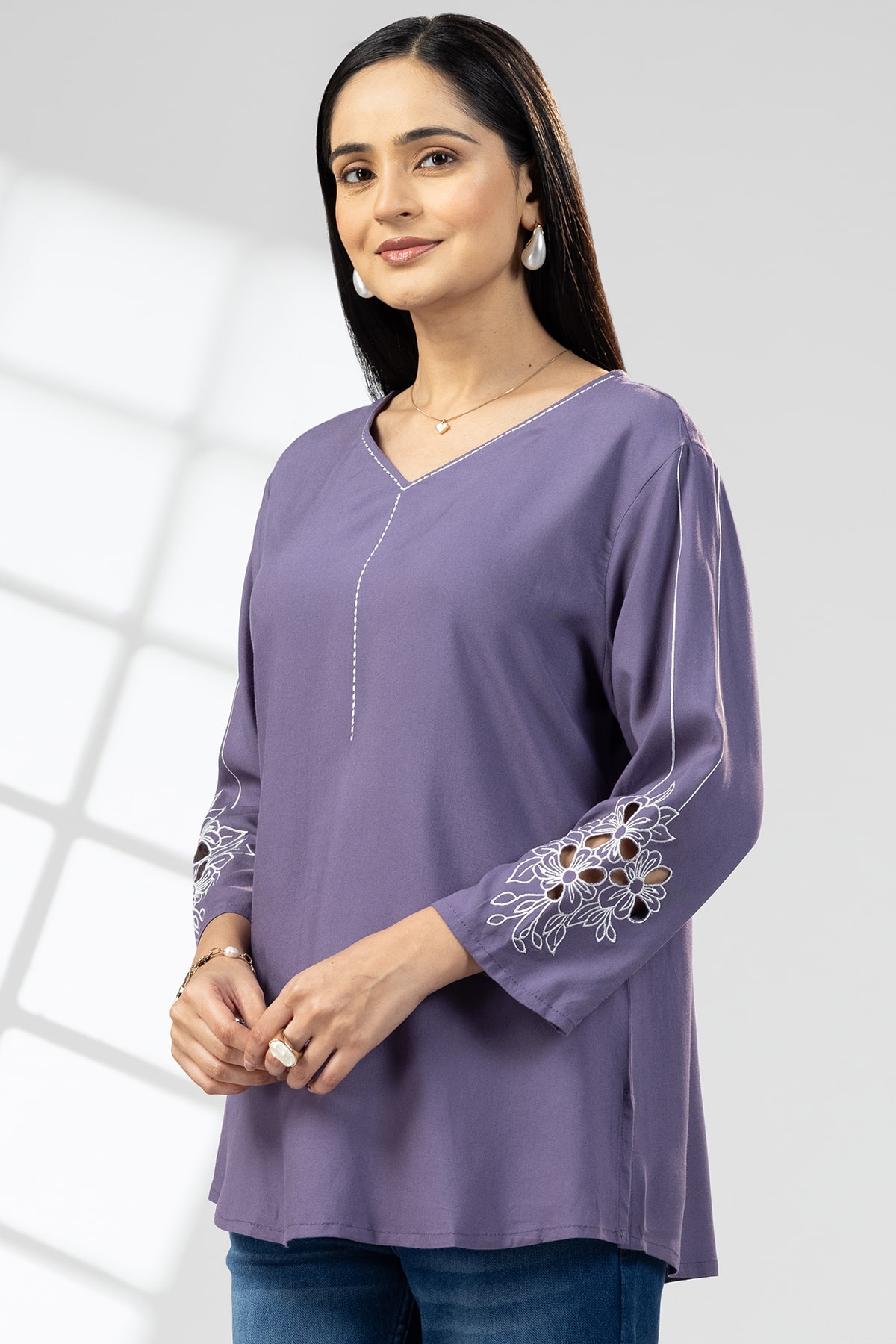 Embroidered Purple Tops Stylish Women