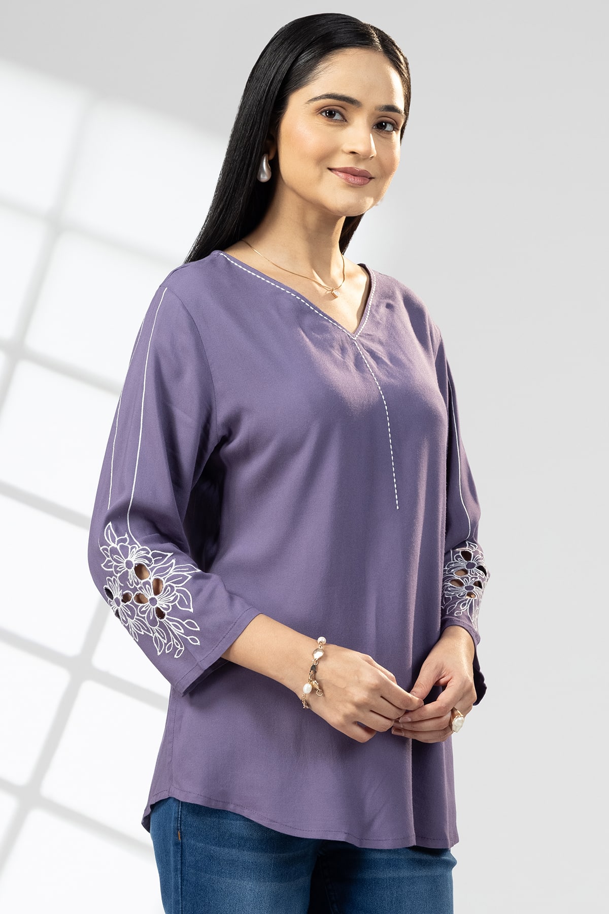 Embroidered Purple Tops Stylish Women