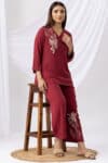 Embroidered Maroon Co Ord Collar Top For Women