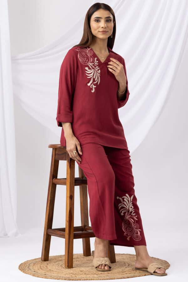 Embroidered Maroon Co Ord Collar Top For Women
