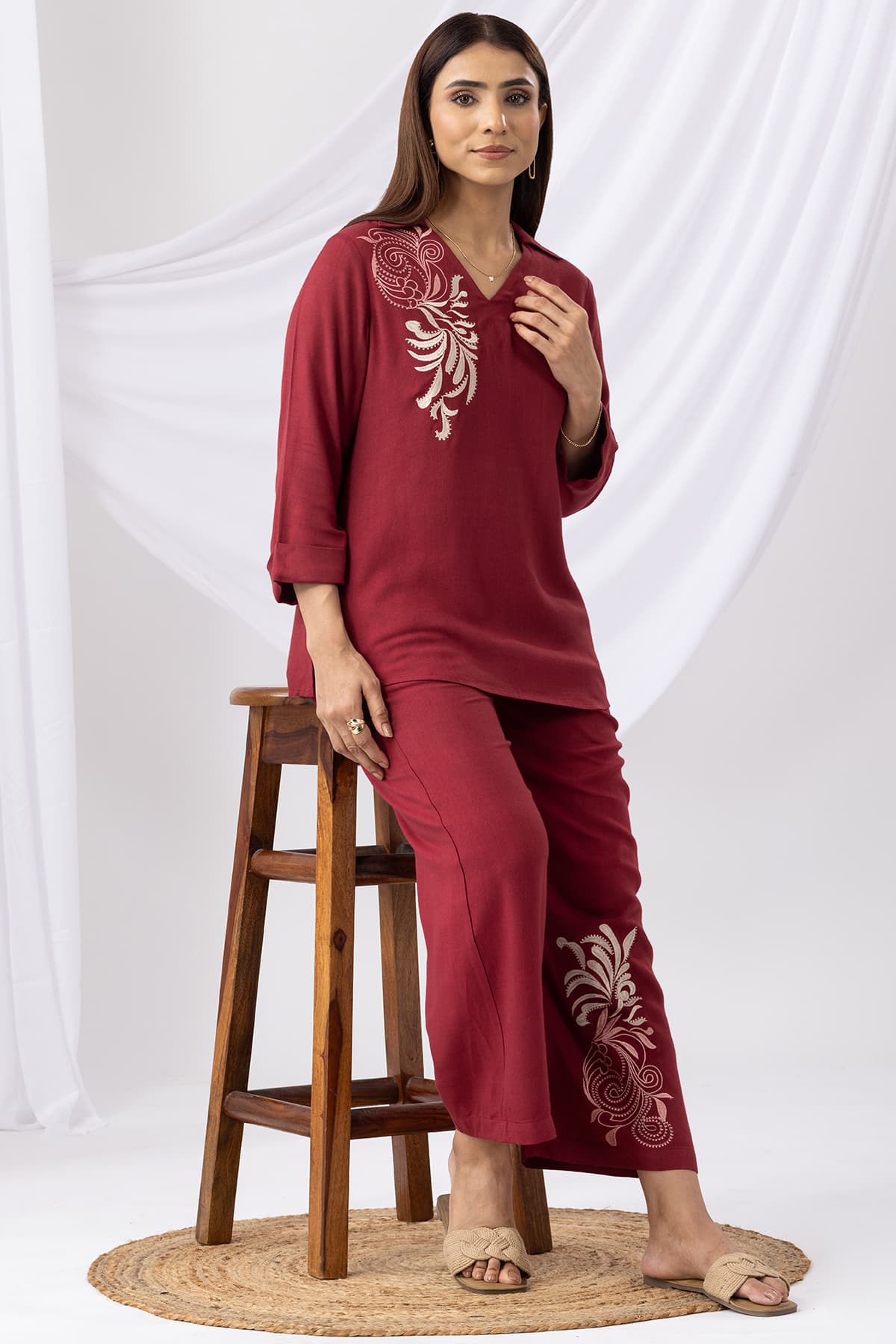 Embroidered Maroon Co Ord Collar Top For Women