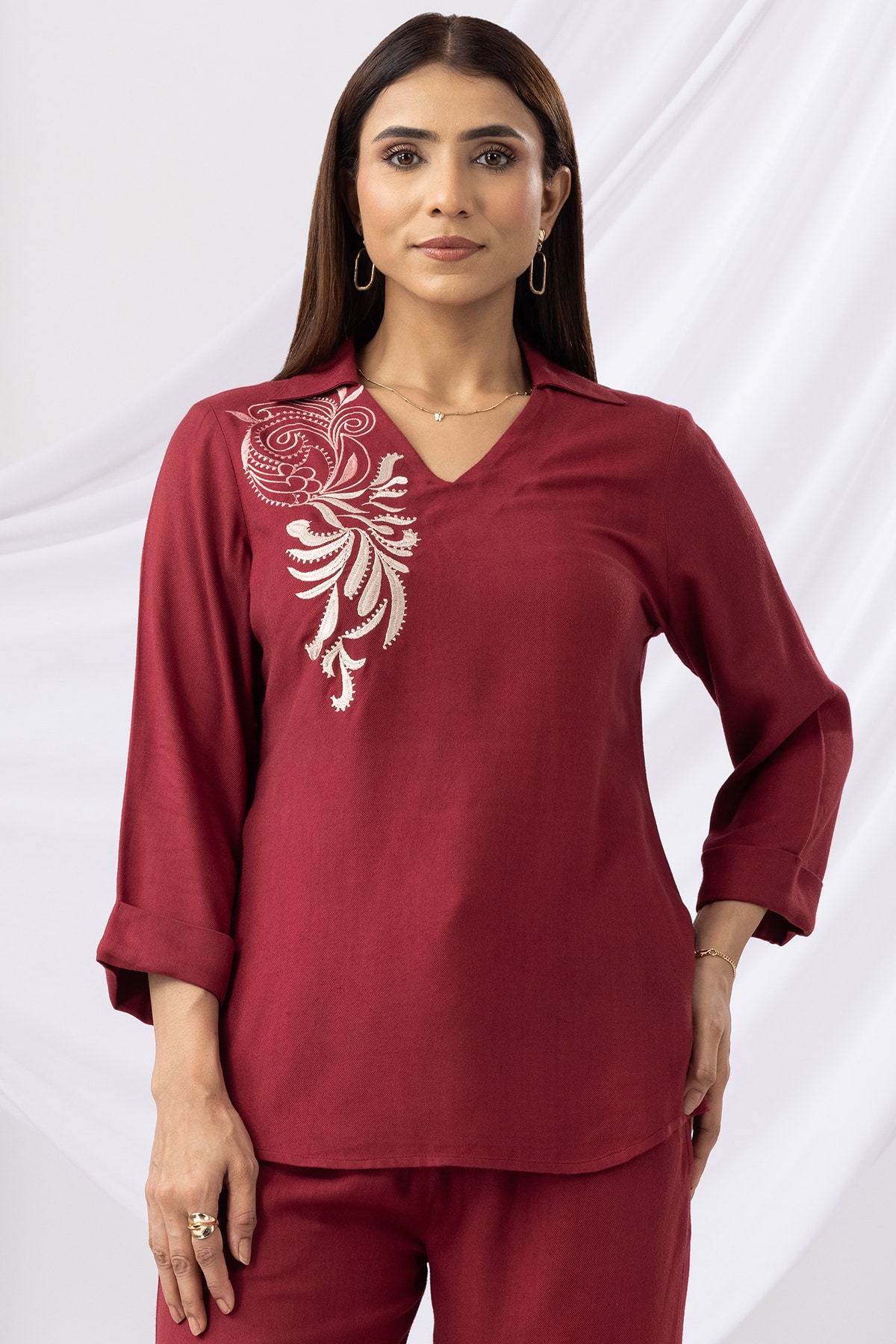 Embroidered Maroon Co Ord Collar Top For Women