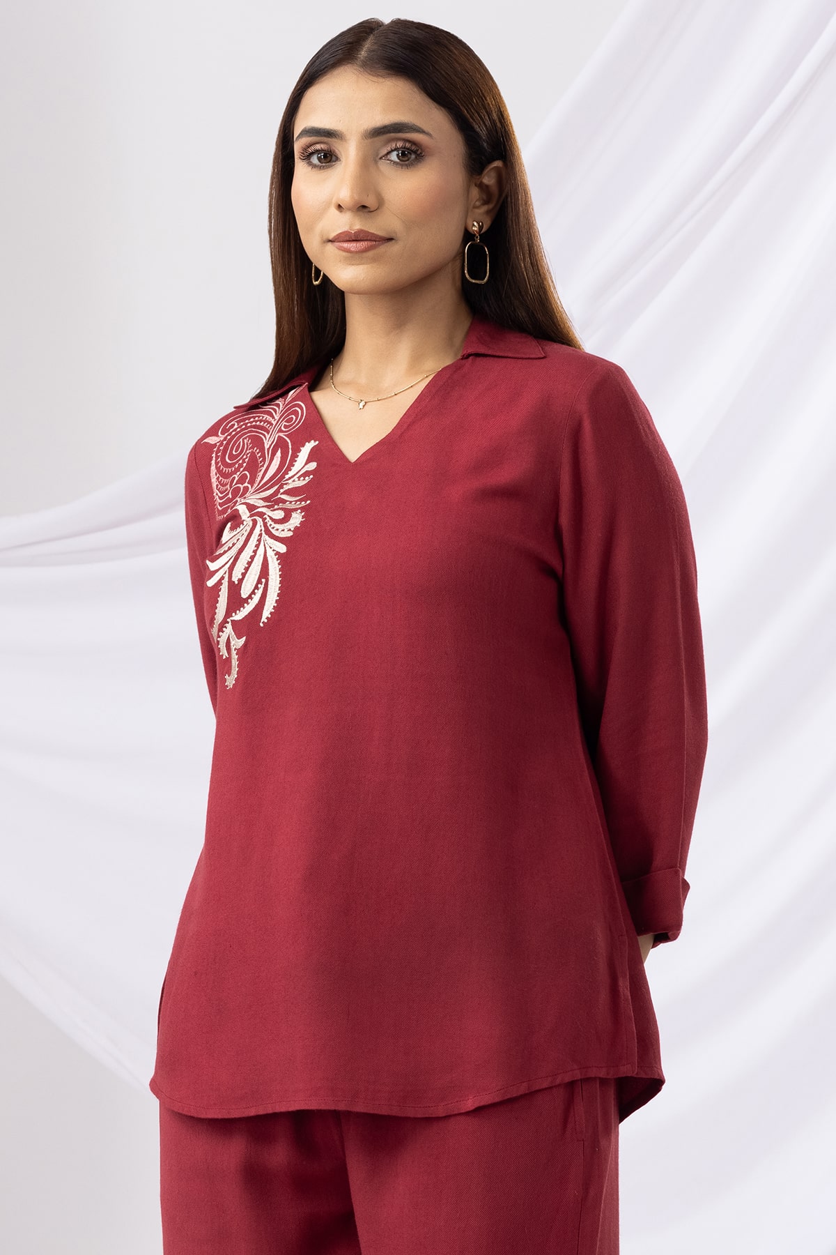 Embroidered Maroon Co Ord Collar Top For Women