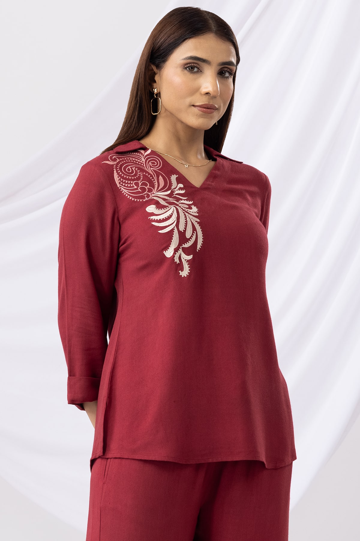 Embroidered Maroon Co Ord Collar Top For Women