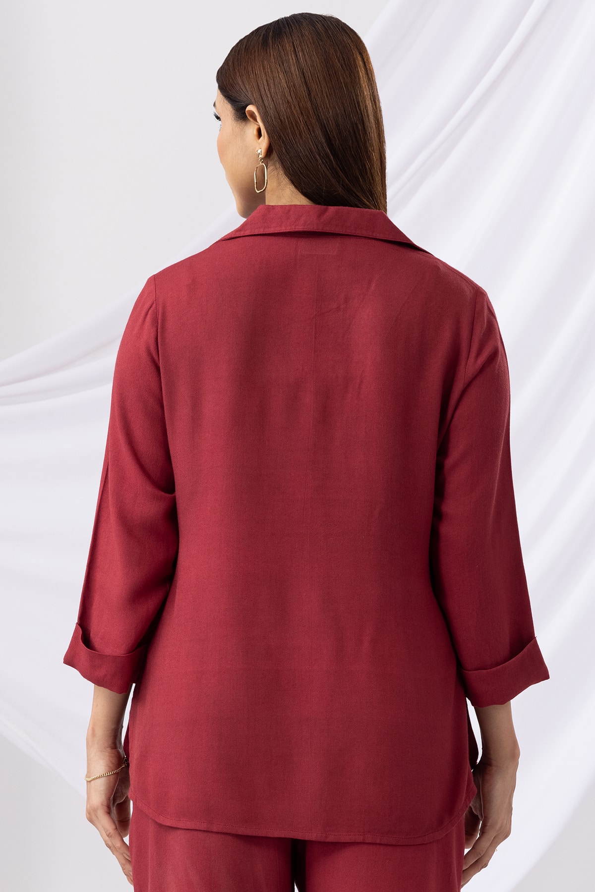 Embroidered Maroon Co Ord Collar Top For Women