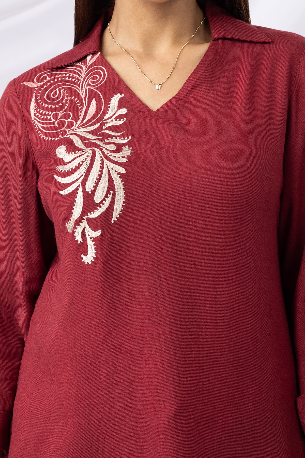 Embroidered Maroon Co Ord Collar Top For Women
