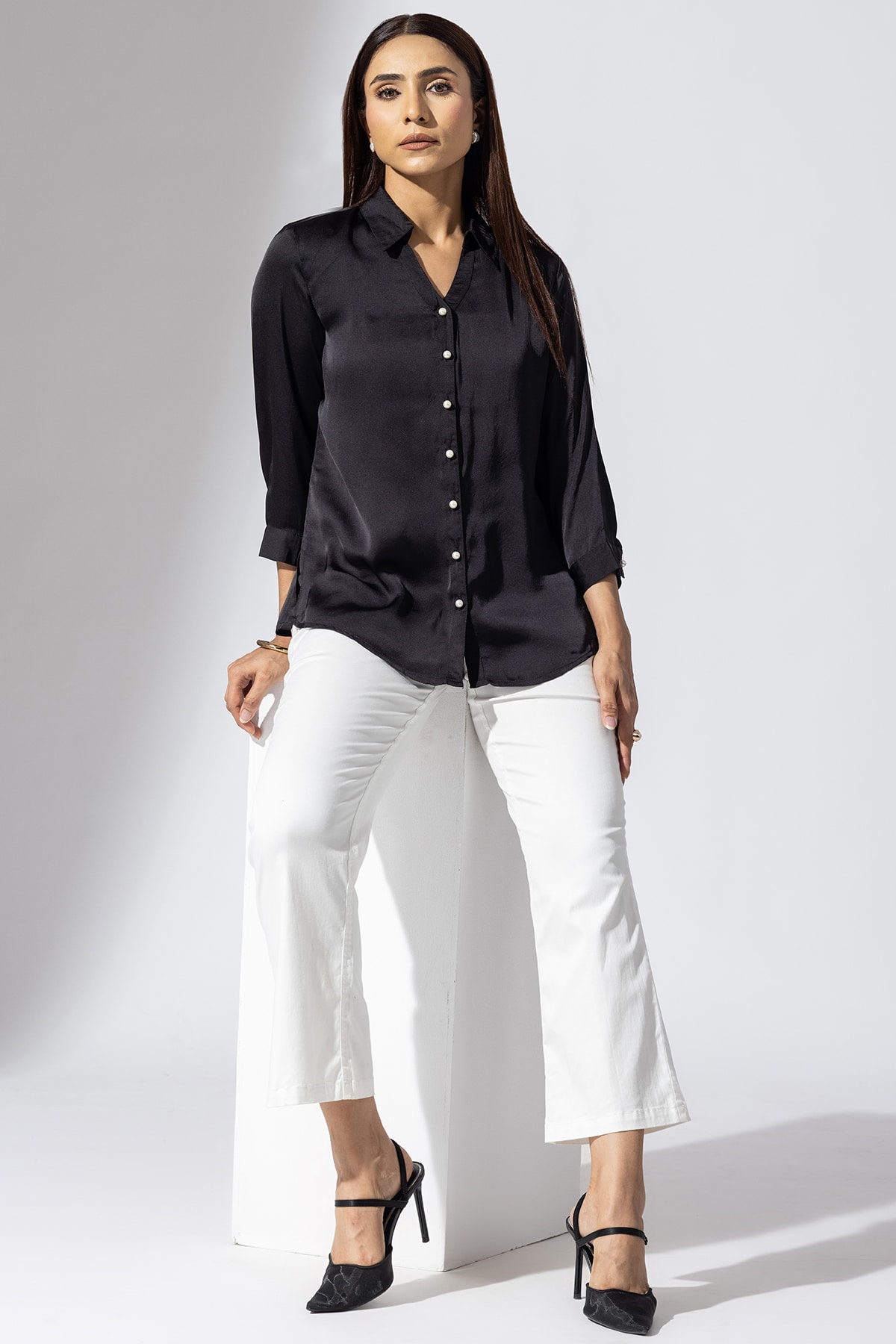 Solid Black Shirt Satin For Woman