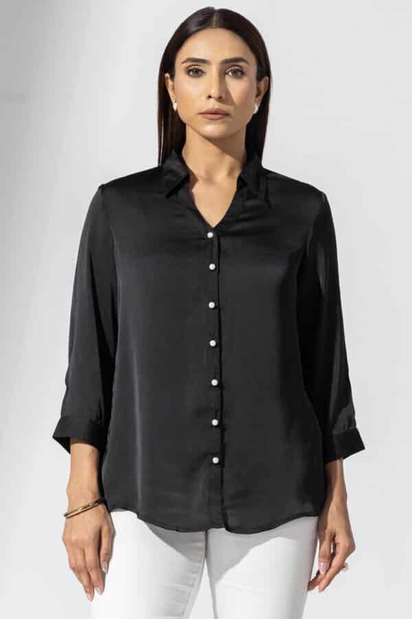 Solid Black Shirt Satin For Woman