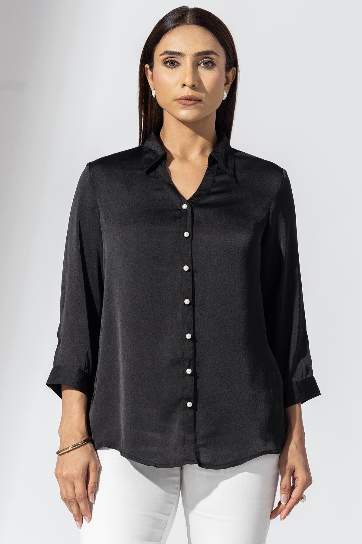 Solid Black Shirt Satin For Woman
