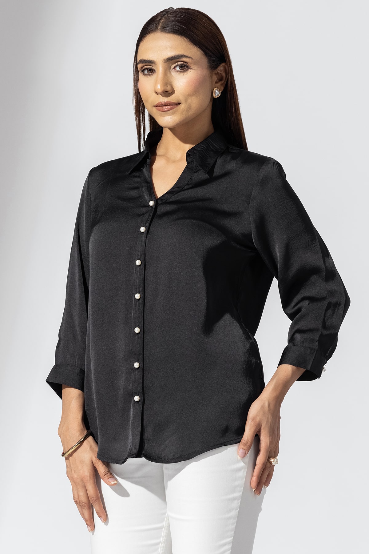 Solid Black Shirt Satin For Woman