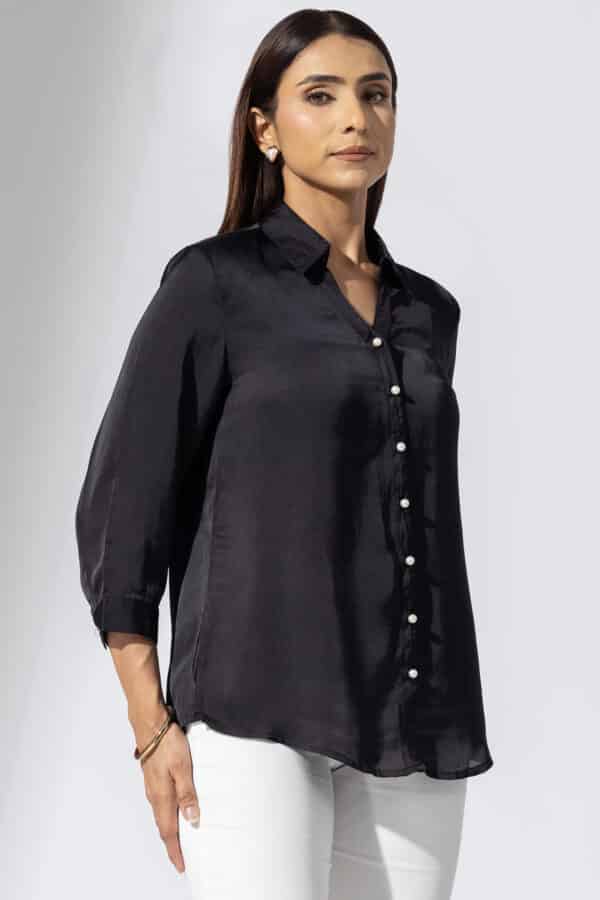 Solid Black Shirt Satin For Woman