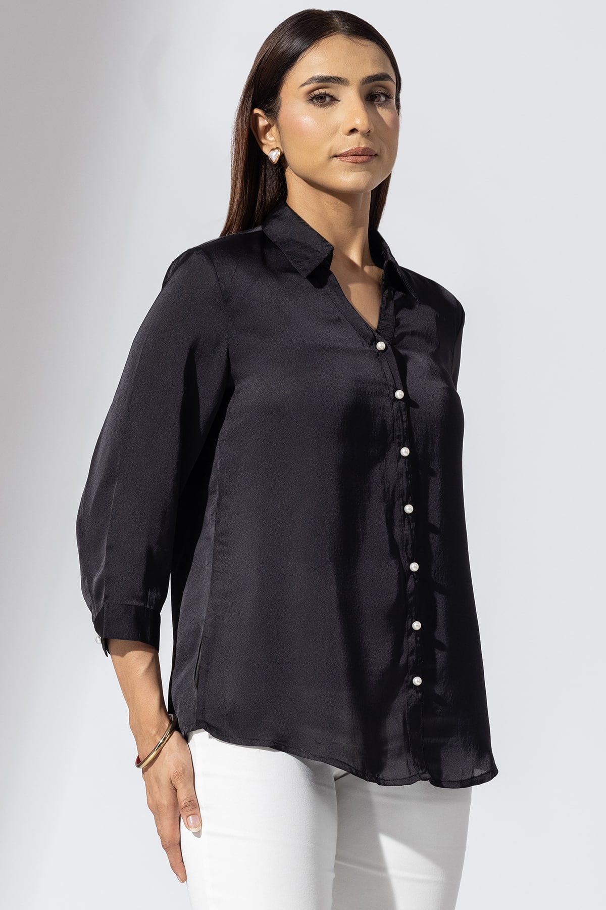 Solid Black Shirt Satin For Woman