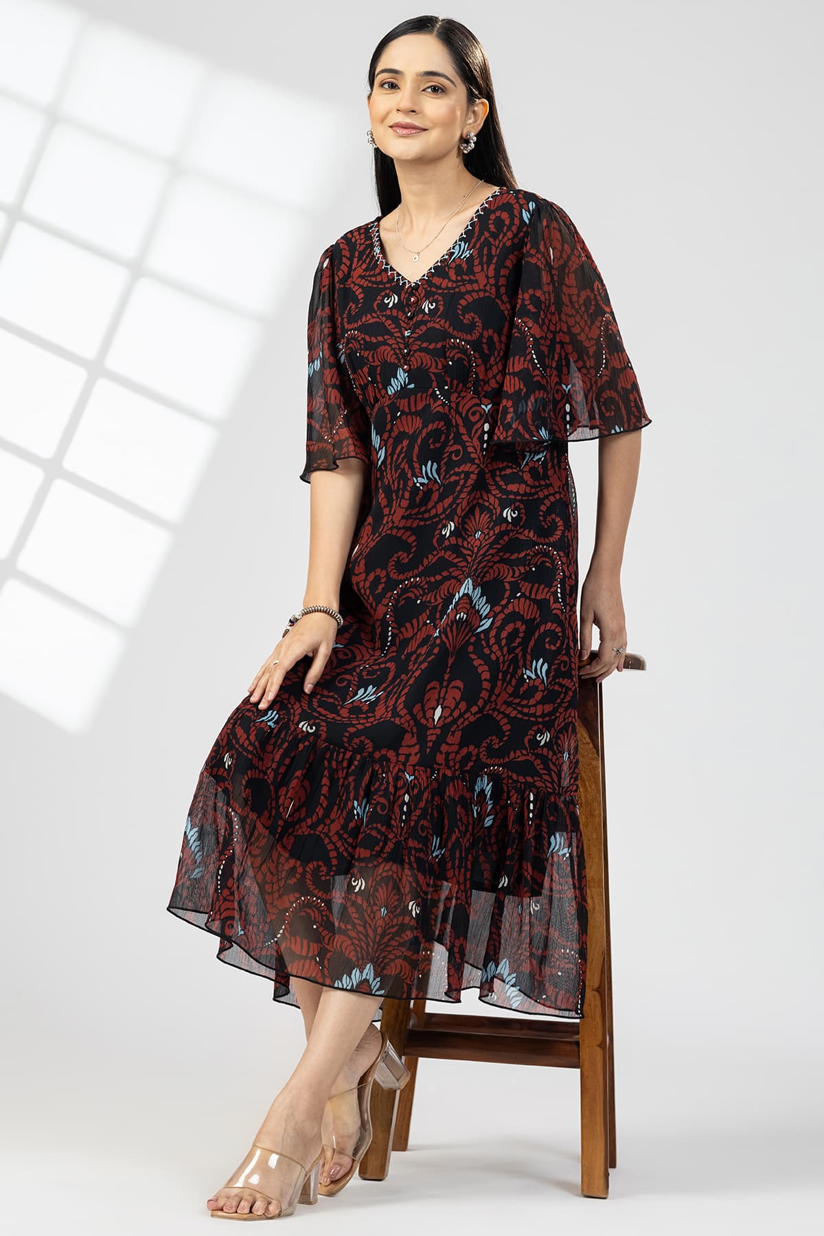 Embroidered Brown Dress Women