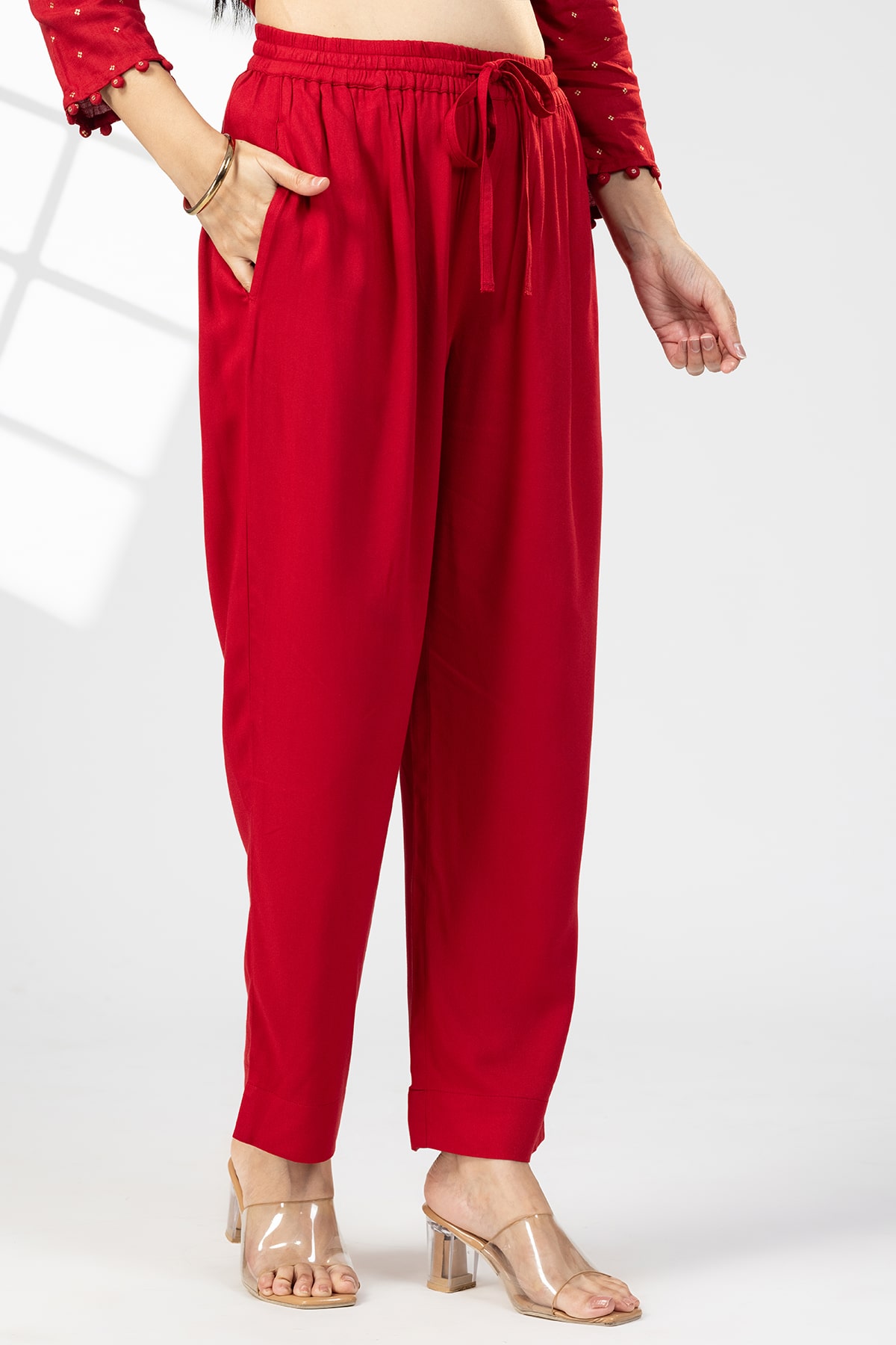 Red Solid Palazzo Women Pants