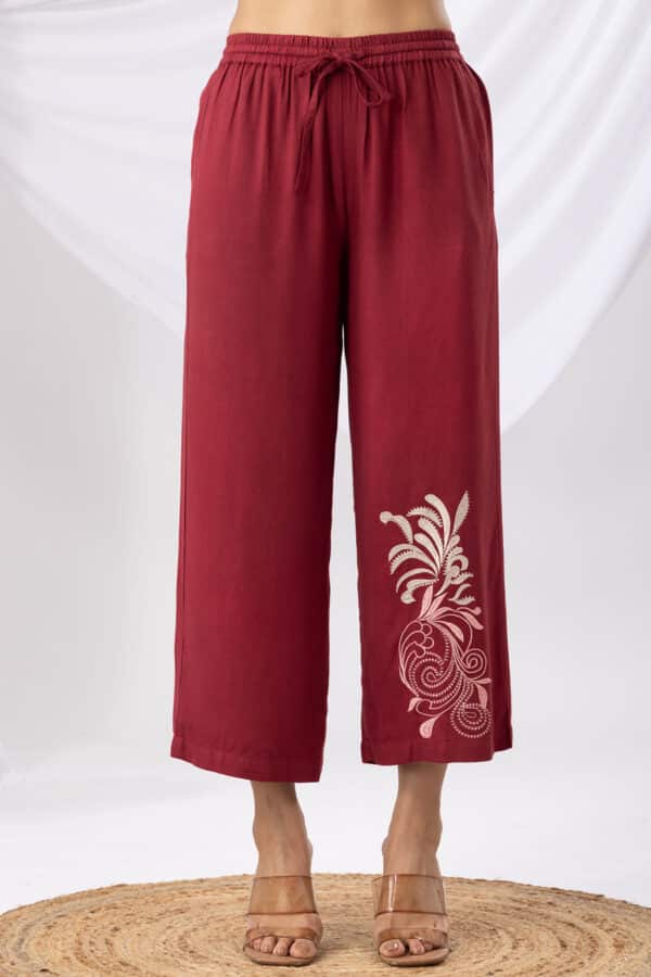 Embroidered Maroon Co Ord Palazzo Pants Women