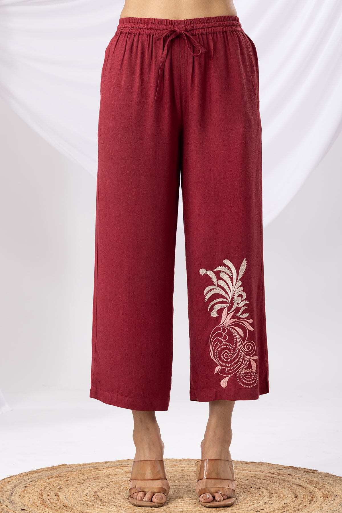 Embroidered Maroon Co Ord Palazzo Pants Women