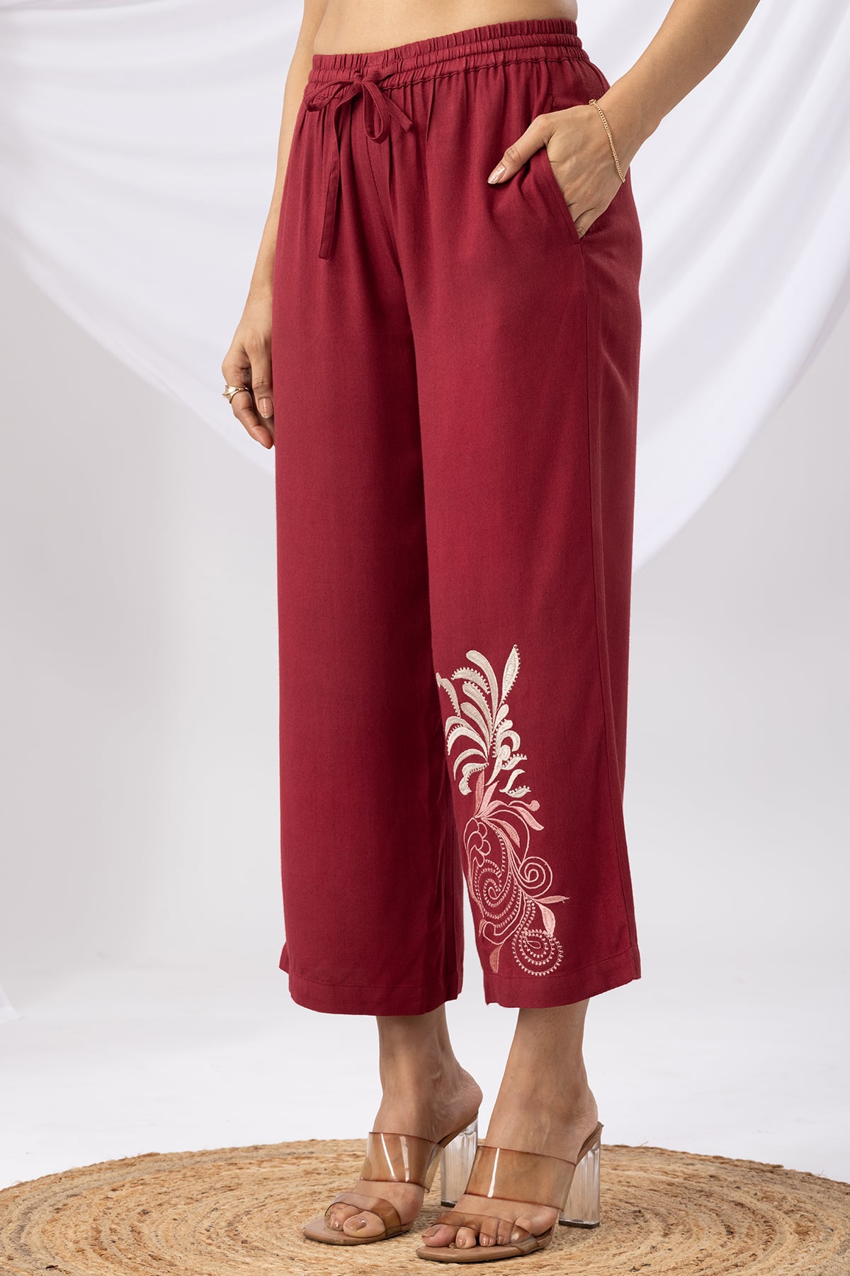 Embroidered Maroon Co Ord Palazzo Pants Women