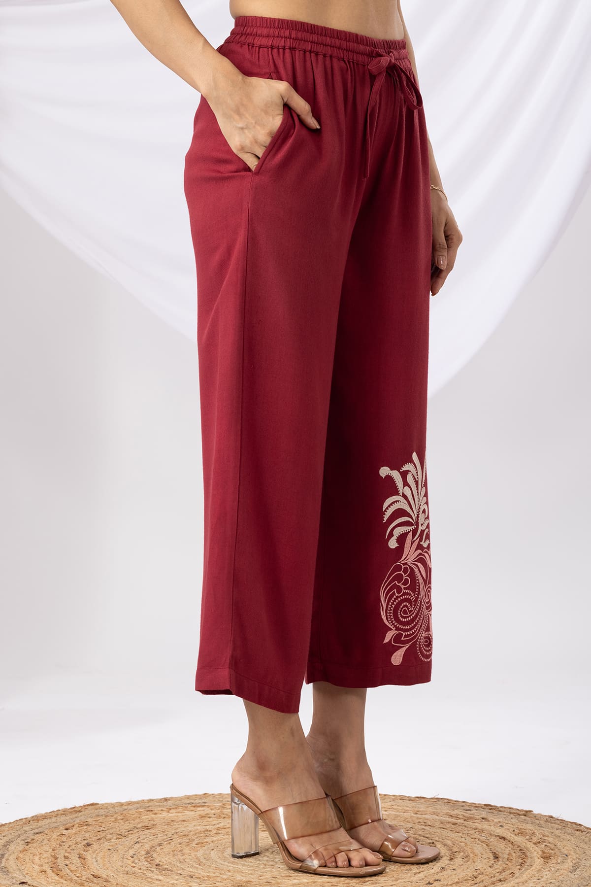 Embroidered Maroon Co Ord Palazzo Pants Women