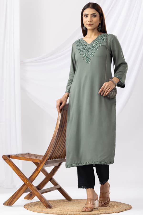 Embroidered Green Kurti For Women