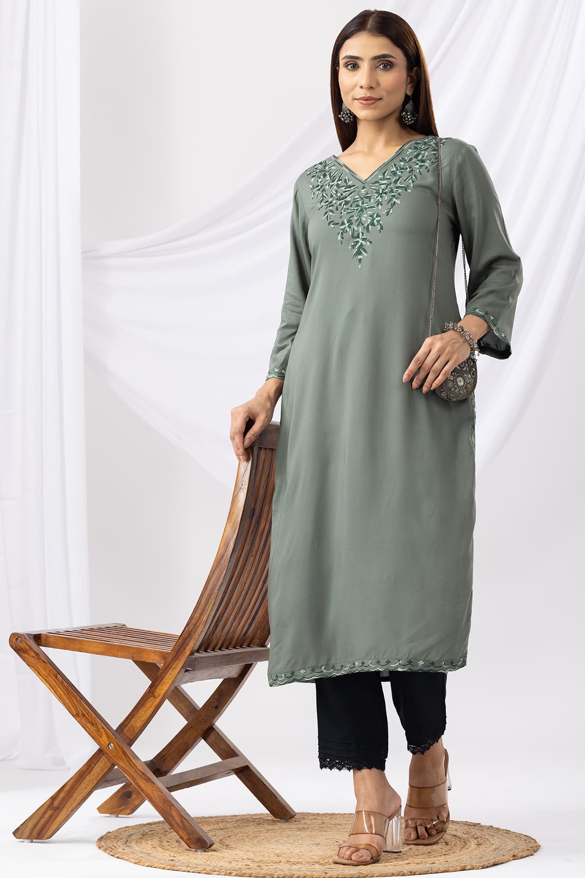 Embroidered Green Kurti For Women