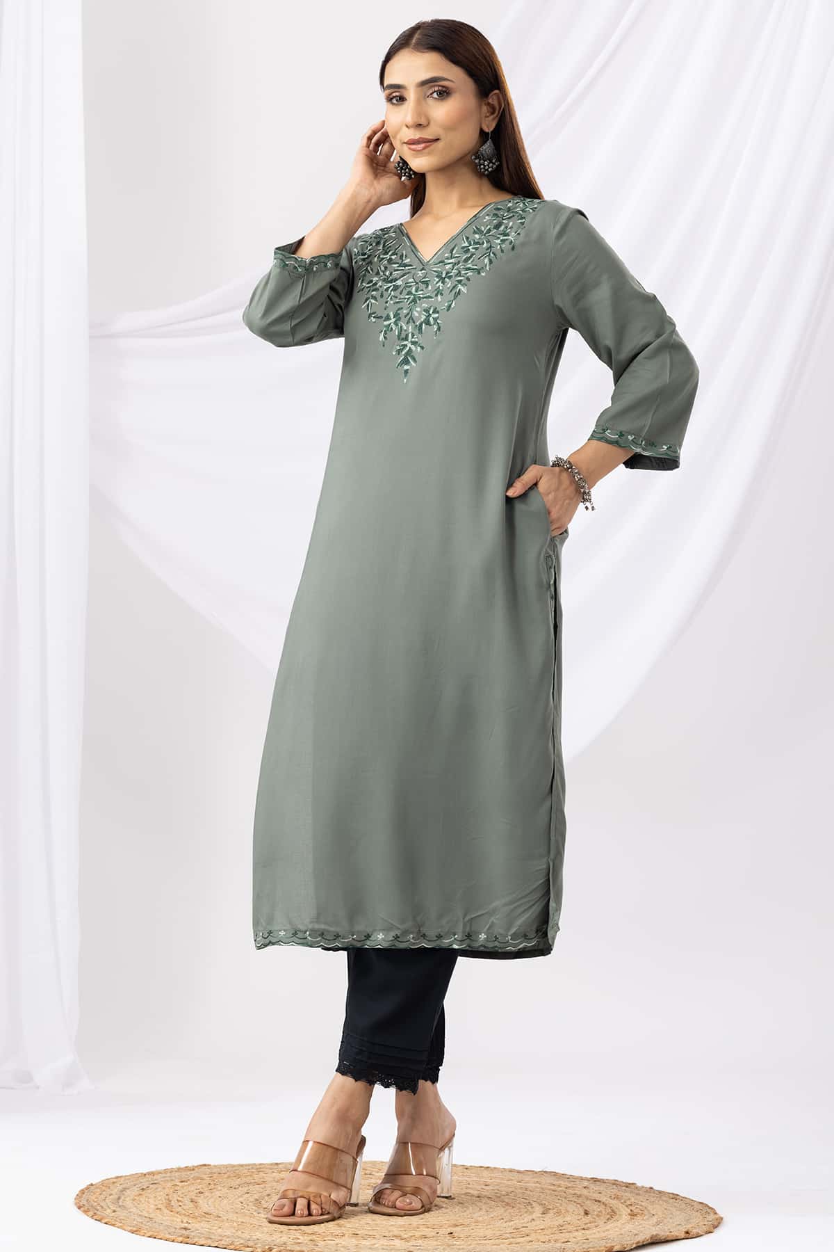 Embroidered Green Kurti For Women