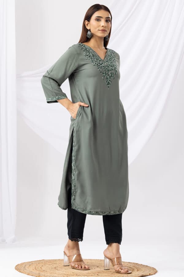 Embroidered Green Kurti For Women