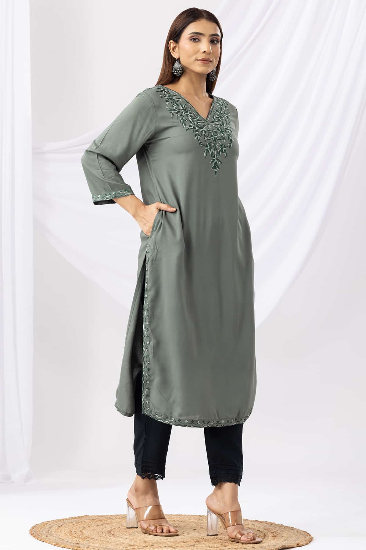 Embroidered Green Kurti For Women