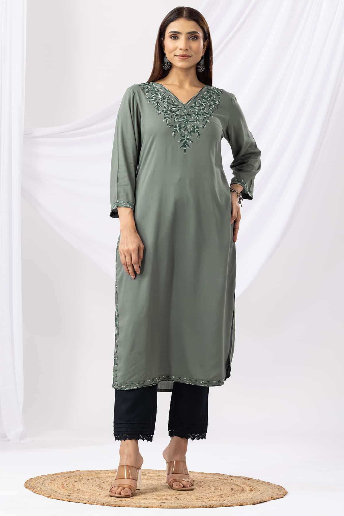 Embroidered Green Kurti For Women